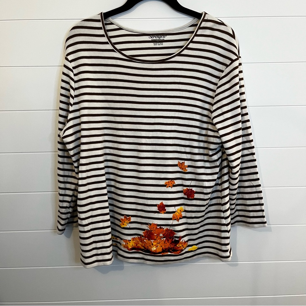 Serengeti Brown and White Striped Long Sleeve Top with Leaf Design